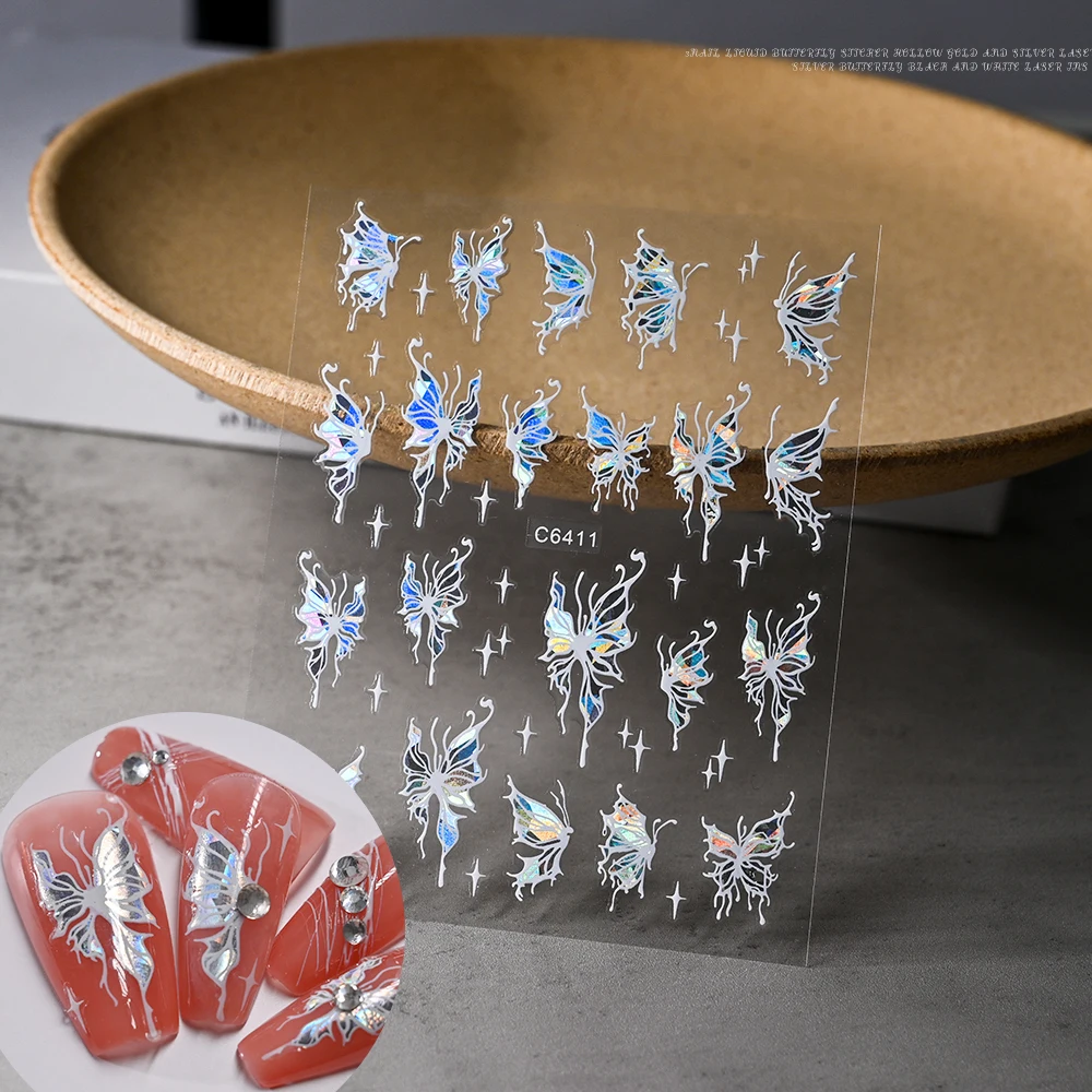 1pc Laser Butterfly Nails Stickers 3D Holographic Shiny Sliver Gold Design Fairy Fluidic Butterflies Stars Manicure Decals #NK
