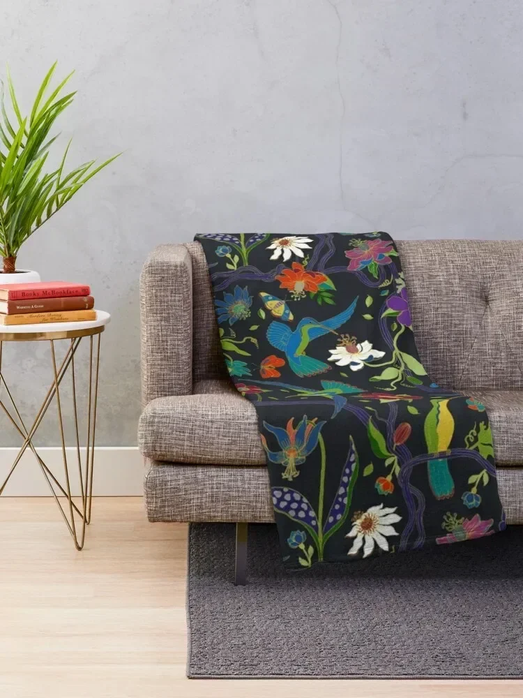 Hummingbirds and Passionflowers - Cloisonne on Black - pretty floral bird pattern by Cecca Designs Throw Blanket