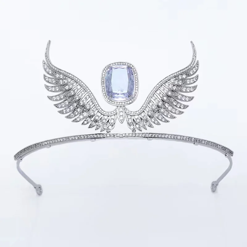 EYER Luxury Cubic Zirconia Party Queen Angle Wing Tiara Wedding Hair Accessories Decoration Jewelry Princess Birthday Crown