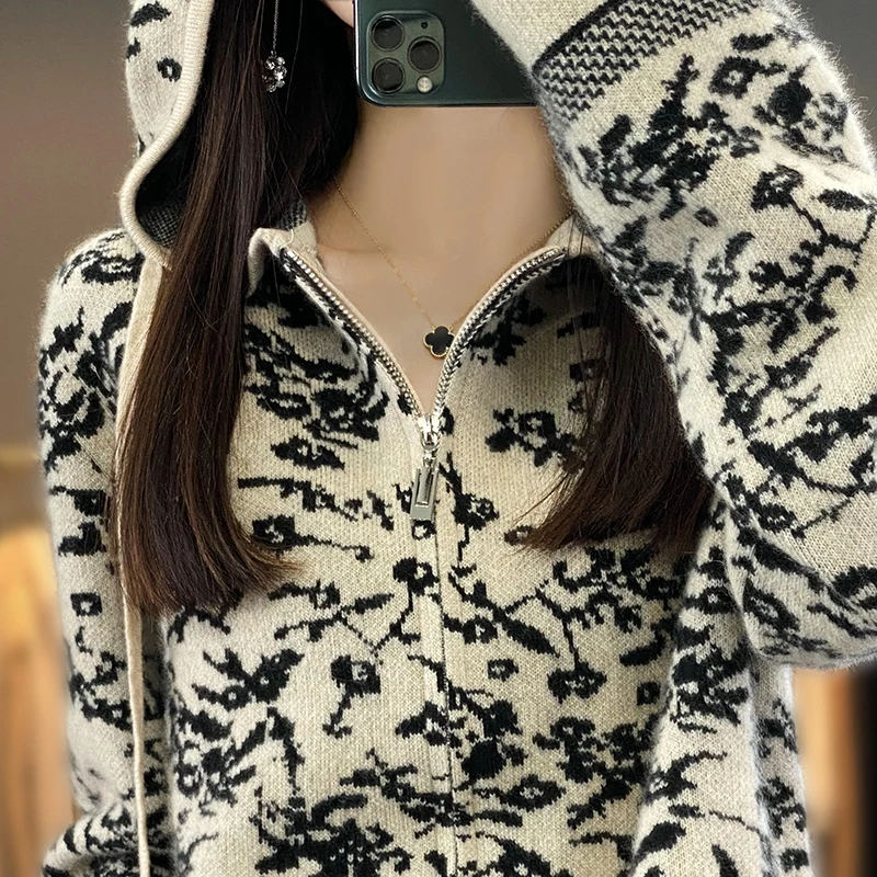 Hooded zipper jacquard new top autumn and winter women's Blouse solid color skin friendly lightweight cardigan