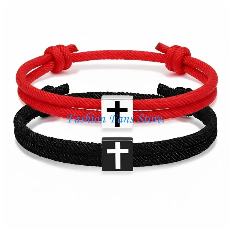  Pack of 2 Religious Accessory Bracelets with Adjustable Crosses Designs for Baptism Celebration Christian Couples