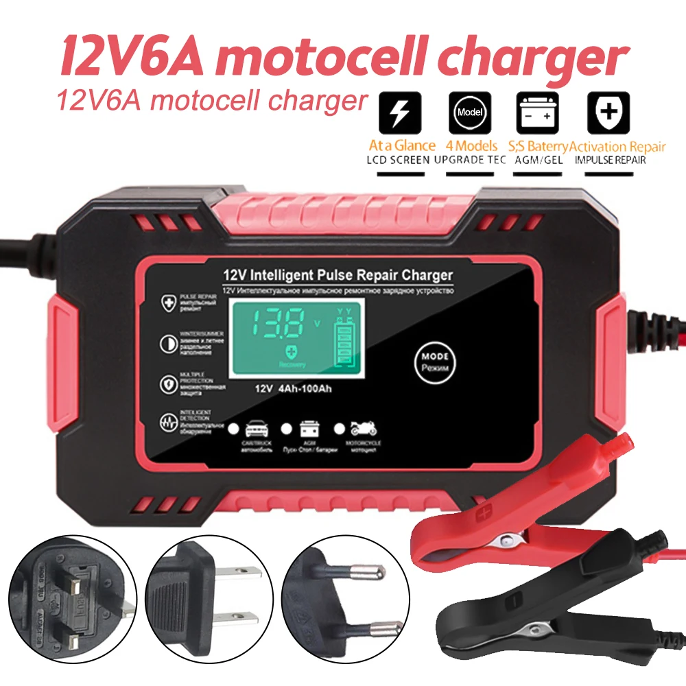 12V 6A Car Battery Charger Pulse Repair LCD Display Fast Charge Wet Dry Lead Acid Digital For Auto Motorcycle