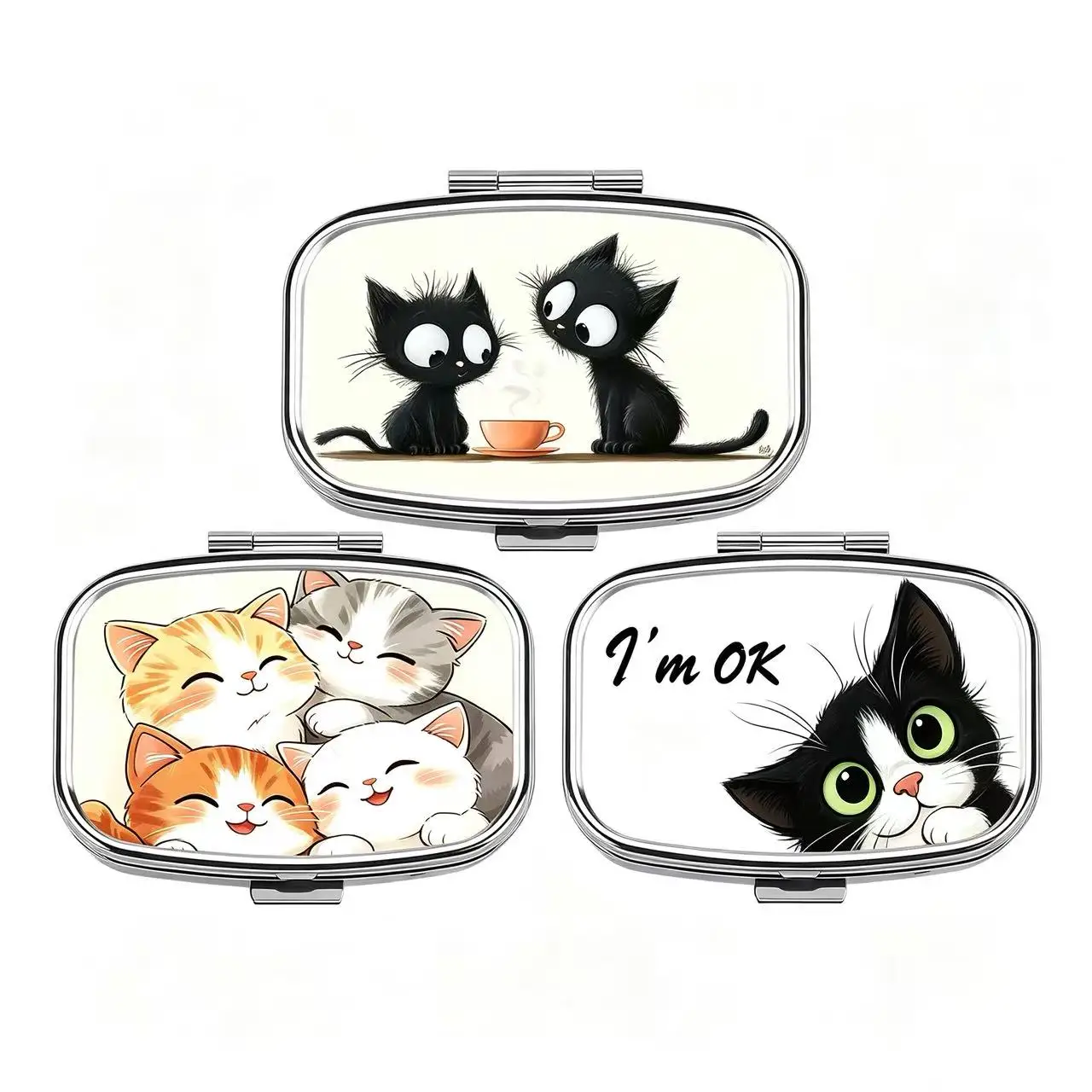 Cute Cat Print Mini Metal Pill Box, Portable 2 Compartment Pill Organizer for Travel, Vitamins & Daily Medicine