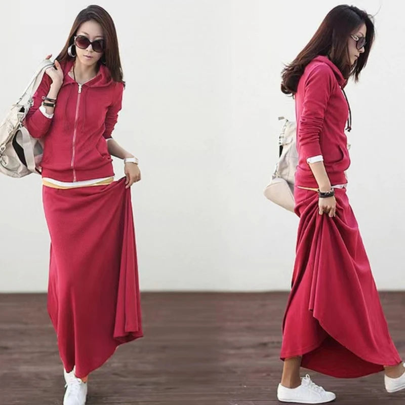 2024 New Spring and Autumn Leisure Suit Slim Dress Slim Hooded Plus Size Sweater Suit Skirt Goddess Professional Skirt