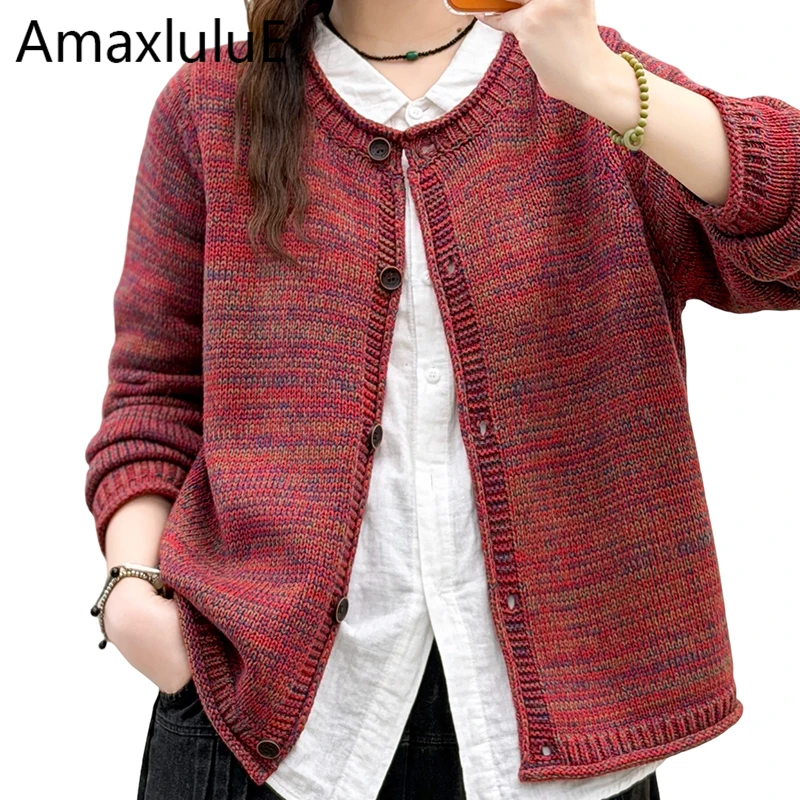 Amax LuluE 2026 Korean Womens Fashion Fall Loose Sweaters Casual O Neck Cardigans Ladies Classic Warm Vintage Big Size Knitwear