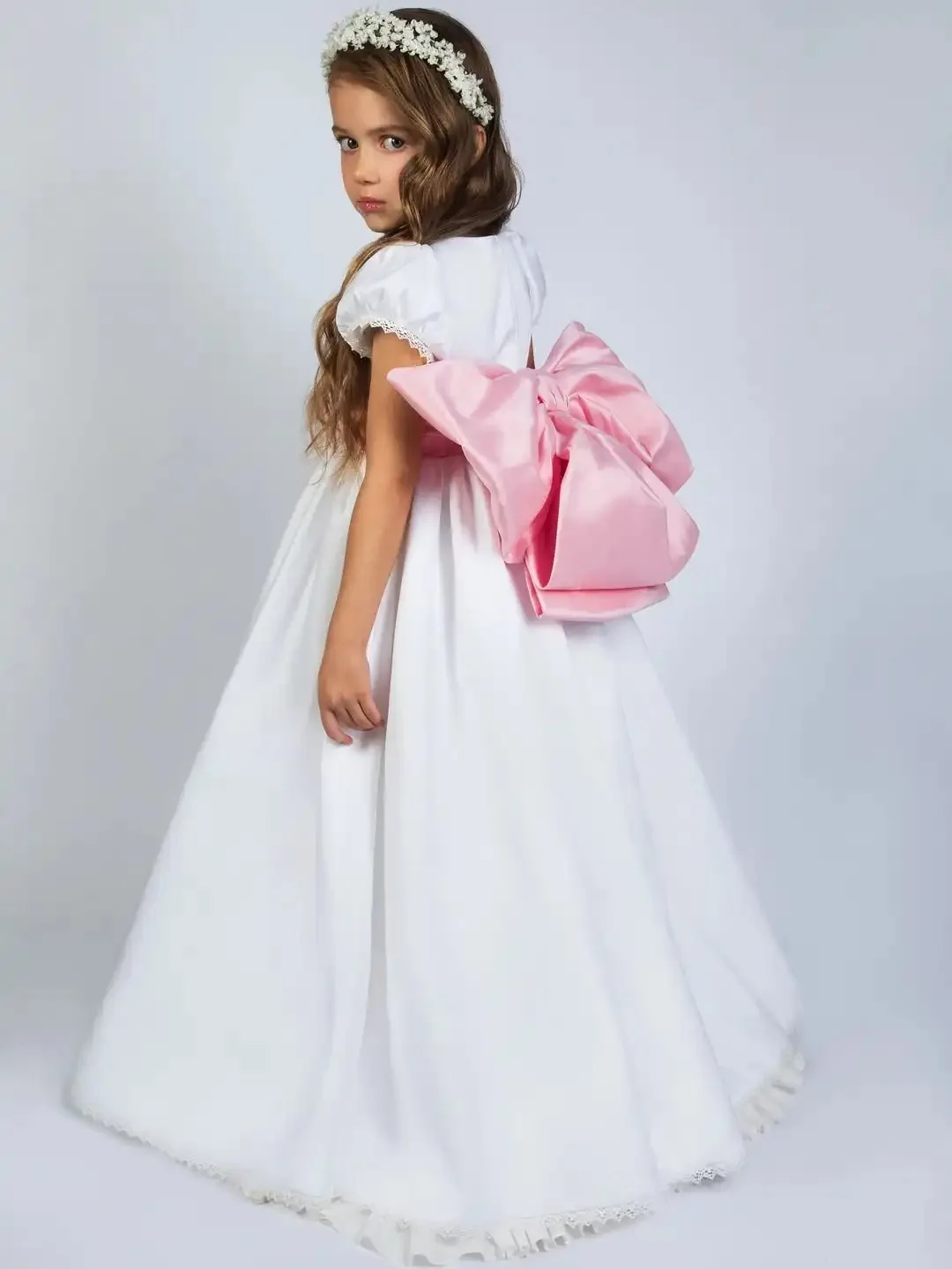 Abiti da ragazza di fiori per matrimonio con fiocco rosa maniche corte eleganti abiti da compleanno per bambina abiti da prima comunione personalizzati