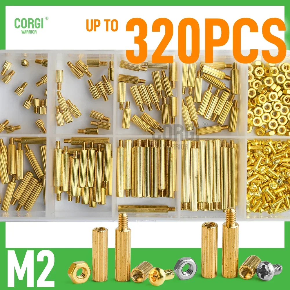 Up To 320 M2 Male Female Round Brass Spacers Standoffs Screws Nut Assortment Kit Male-Female Threaded Pillar for PCB Motherboard