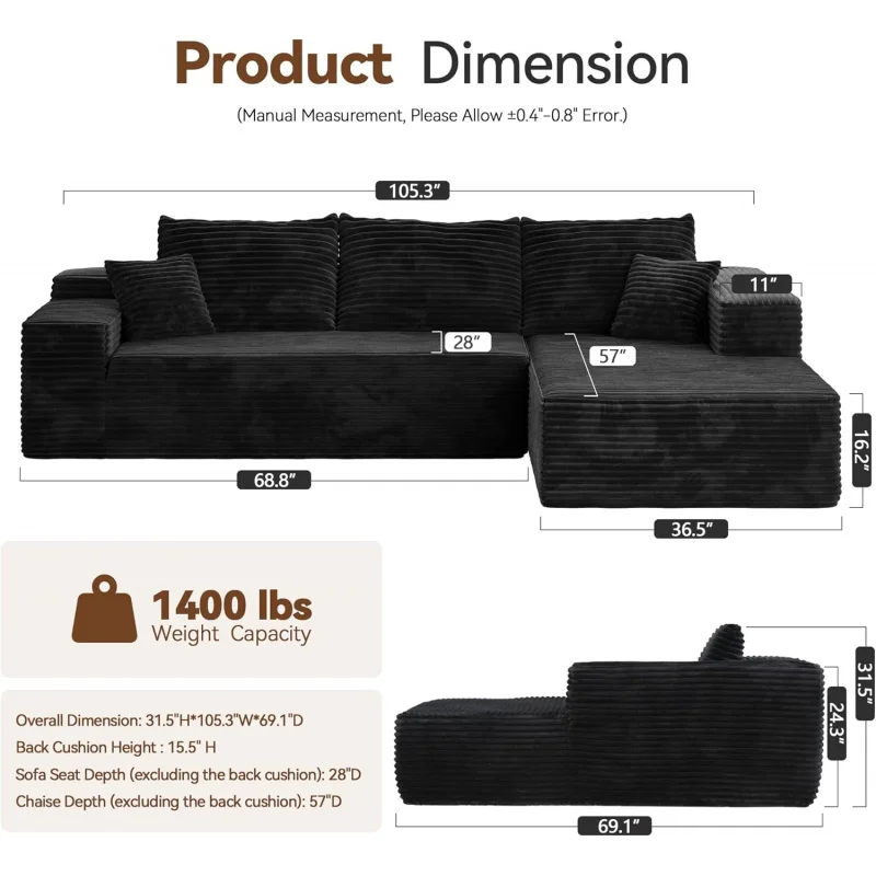 104" Cloud Sectional Couch Comfy Chaise,Boneless L Shape Sofa with Deep Seat,Minimalist Modular Couches Sleeper for Living image 2