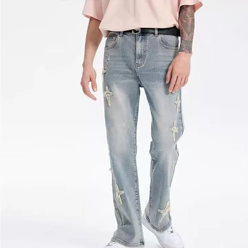 

Retro Men's American Light Blue Straight Comfortable Jeans Y2k Streetwear Loose Cross Denim Pants Male Clothes Trousers