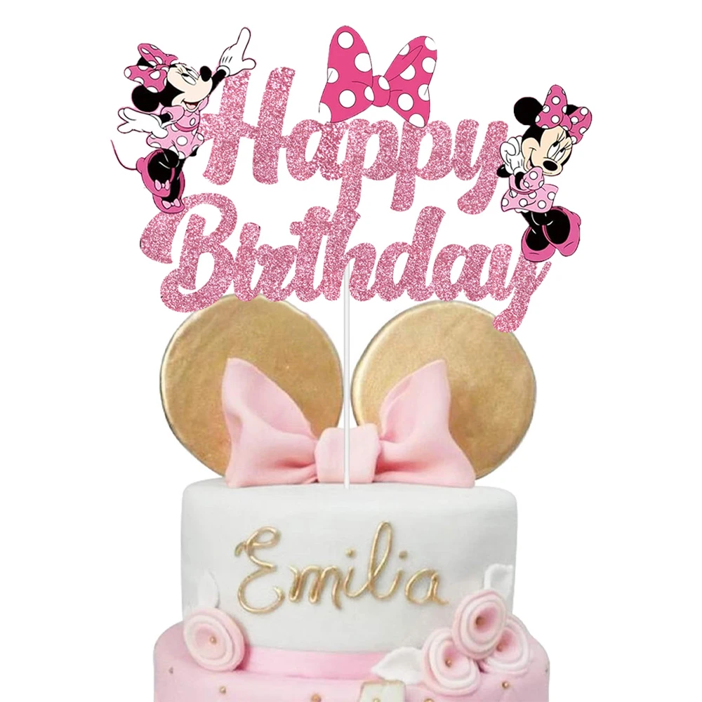 Décorations de gâteau rose Minnie Mouse, topper de gâteau Joyeux Anniversaire Minnie pour fête d'enfants, fête d'anniversaire de filles, décoration de gâteau pour baby shower