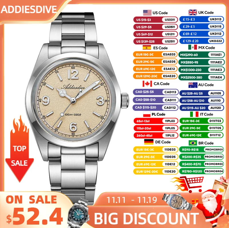

ADDIESDIVE New Watch Men 36mm Quartz Wristwatch Domed Glass 100m Waterproof BGW9 Luminous Stainless Steel Dress VH31 Watch
