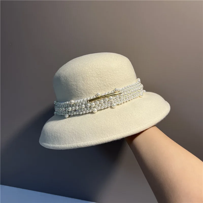 Ladies Fashion Pearl Fisherman Hat Autumn and Winter Socialite Retro Bowler Hat Elegant Party Leisure Street Cap Sun Hat