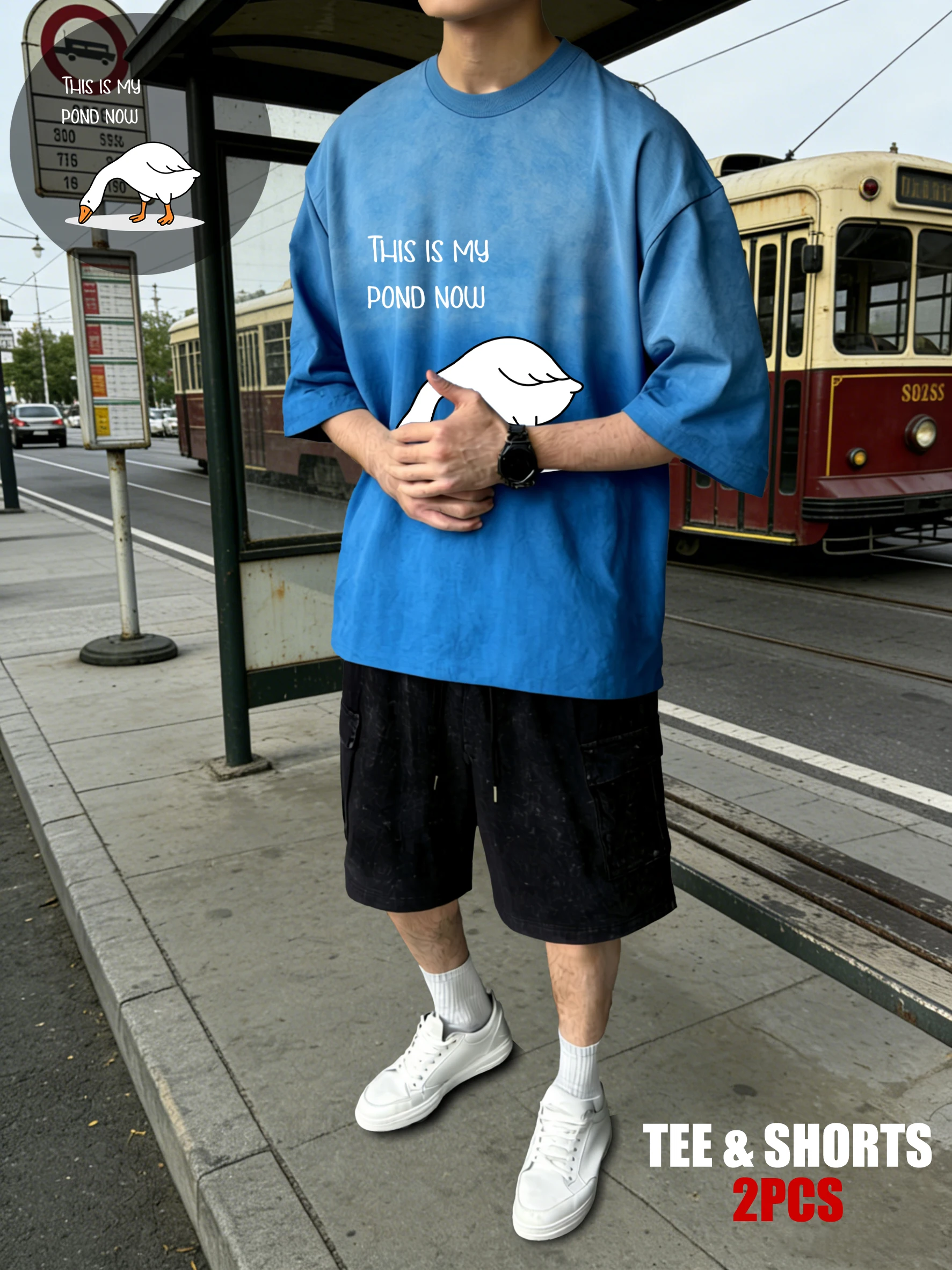 

Футболки с дизайном «Это мой пруд теперь» и изображением гуся, хлопковые летние новые футболки, модный комплект с шортами в стиле тай-дай, унисекс, одежда с круглым вырезом