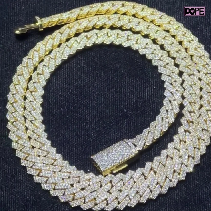 

Factory Cuban Chain 12mm 2 Rows Stunning Iced Out Men 925 Silver Gold Plated Hiphop VVS Moissanite Cuban Link Chain