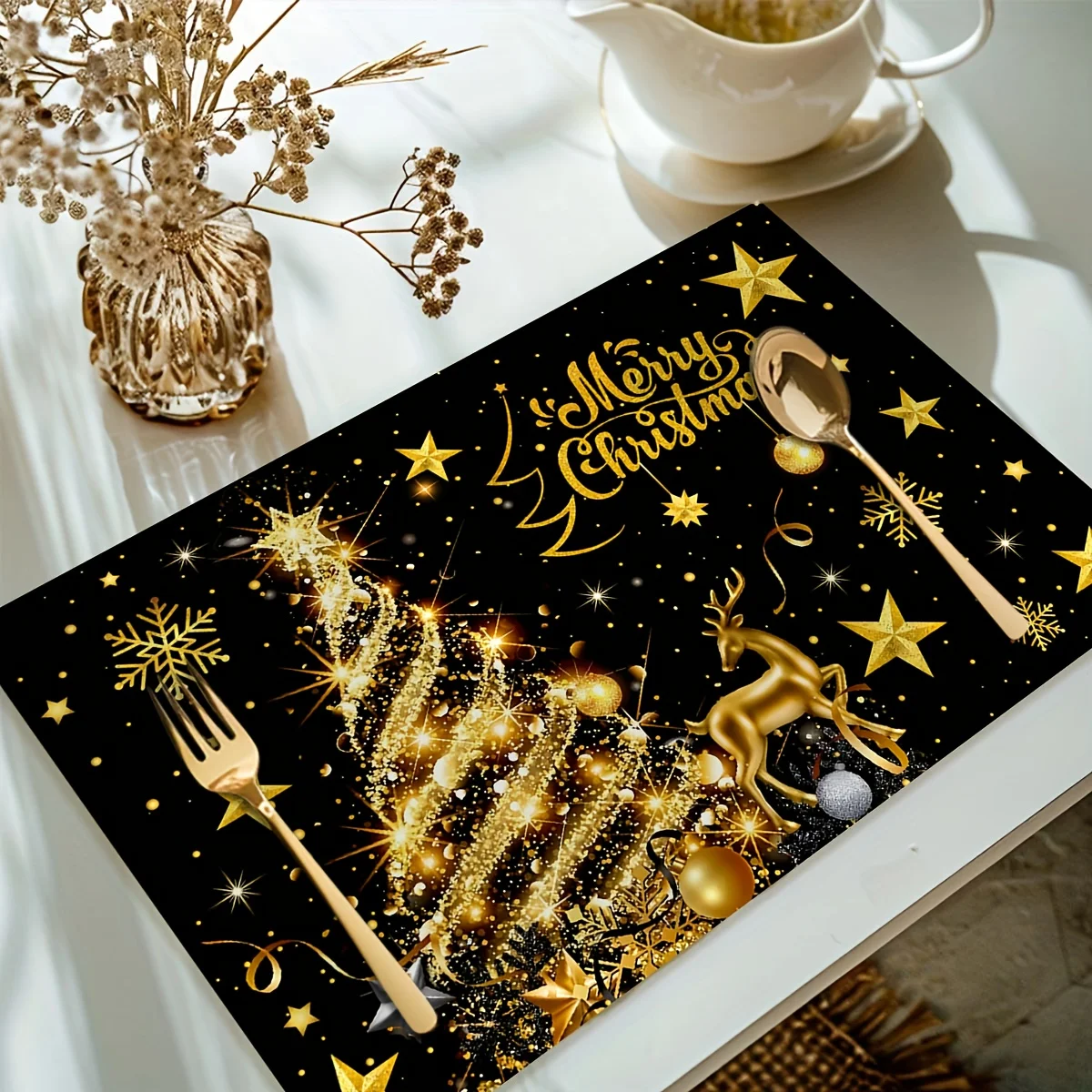 VIKAMA 4-Piece Black and Gold Christmas Placemats Easy-Clean Christmas Dinner Party Tableware Holiday Home Decor