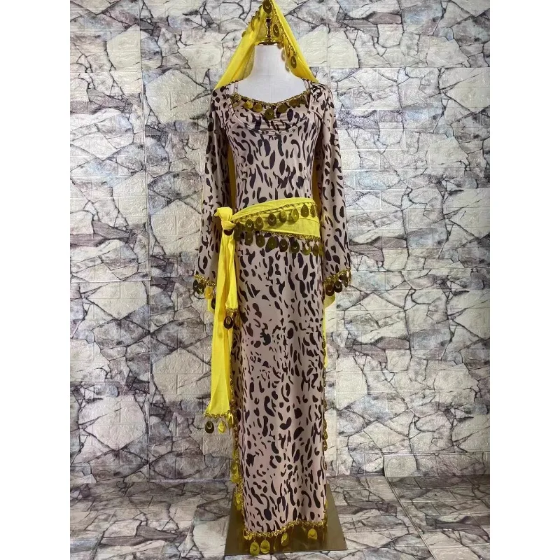 Customized Belly Dance Costumes Leopard Pattern Slimming Robe Headscarf Shining Belt Oriental Dance Baladi Saidi Robe Dress