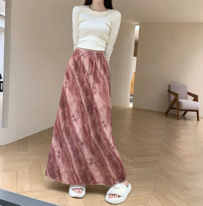Qiukichonson Maxi Long Skirts Womens Velvet Skirt 2026 Autumn Winter Korean Vintage Tie Dye Elastic Waist Pleated Pencil Skirts