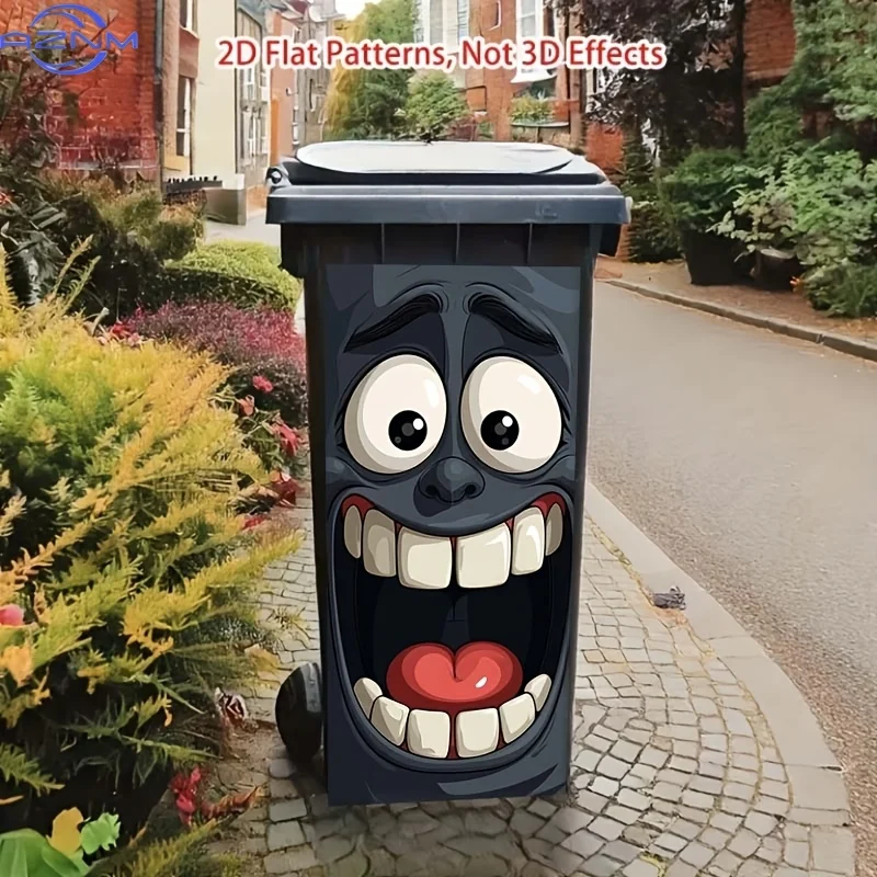 1pc 2D Flat Interesting "Big Mouth Cartoon Face" Trash Can Sticker, 2D Flat Wall Sticker, Removable Self-Adhesive Outdoor Tras view 6