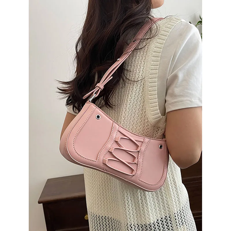 

High Street Design Sensn Lace-up Shoulder Bag Women French High-end Casual Underarm Bag Summer Simple Solid Portable Square Bag