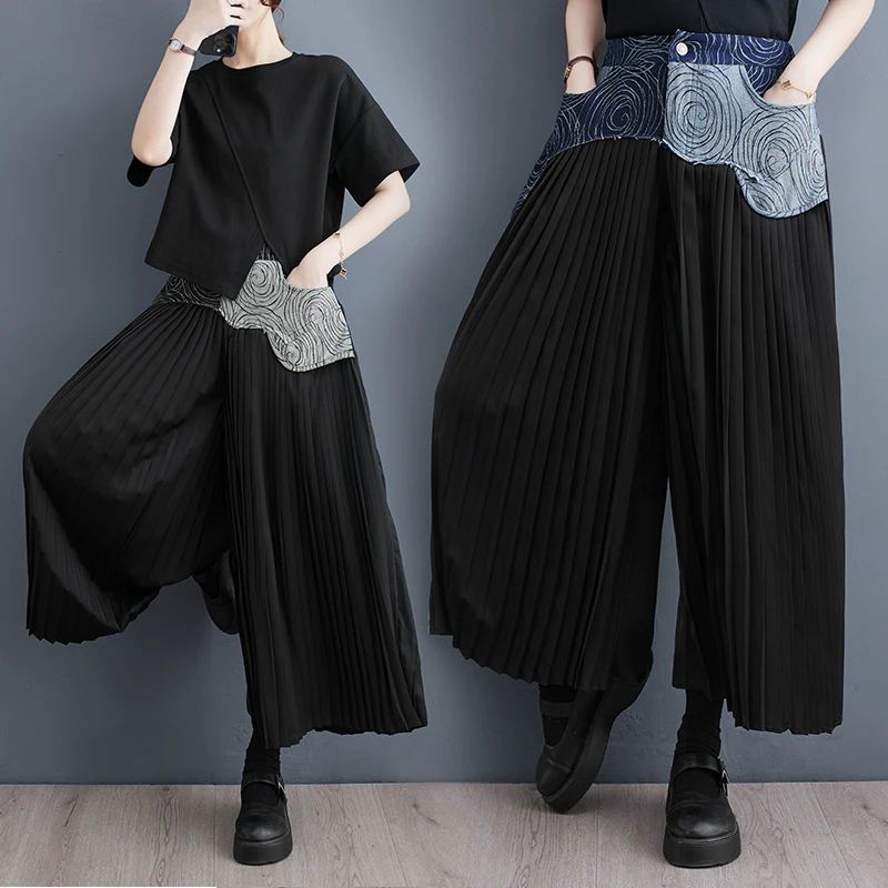 

2023 Summer New Design Pleasted Patchwork Black Jeans For Women Fashion Printed Casual Wide Leg Loose Denim Skirts Pants Trouser