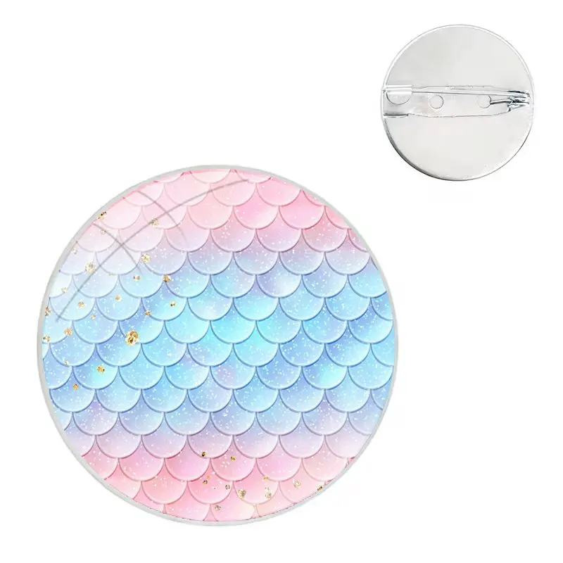 Pink Purple Glitter Mermaid Scales Glass Dome Brooches Badge Pins For Clothes Hat Shirt Lapel Bag