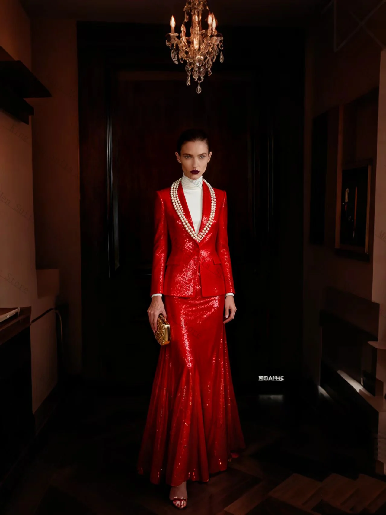 

Luxury Red Women Suit Set 2 Pcs Blazer+Prom Dress Sequins Crystals Customized Formal Guest Wedding Tuxedos Party Coat Jacket