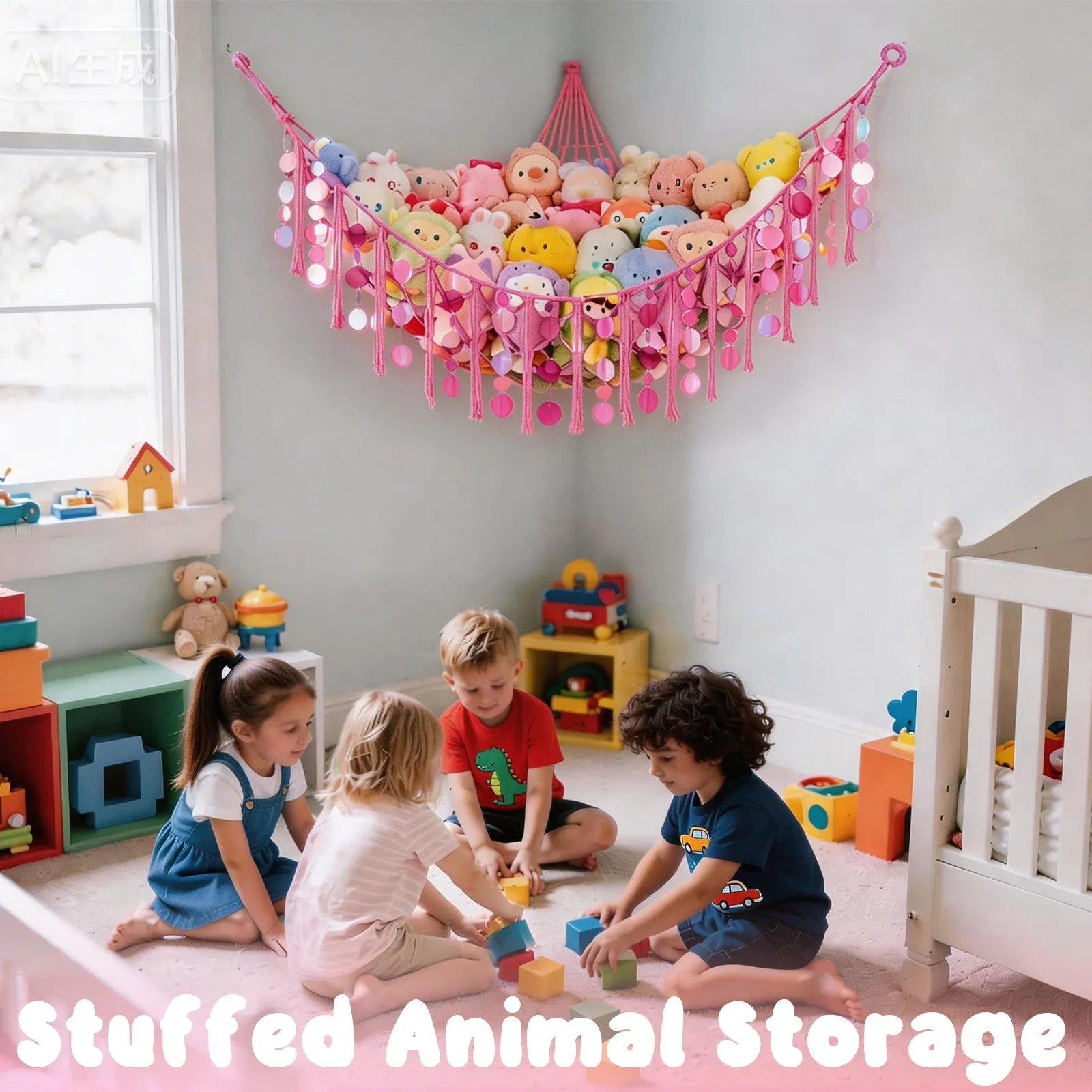 Boho Plush Toy Hammock Large-capacity Plush Animal Hammock Net with LED Lights Bedroom Corner Storage Toy Wall Room Decoration