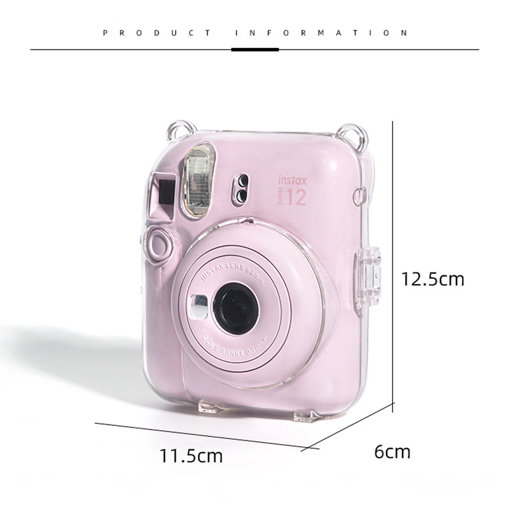 Funda de plástico transparente para cámara Fujifilm Instax Mini 12, funda protectora para cámara, bolsa para fotos, Correa y pegatinas
