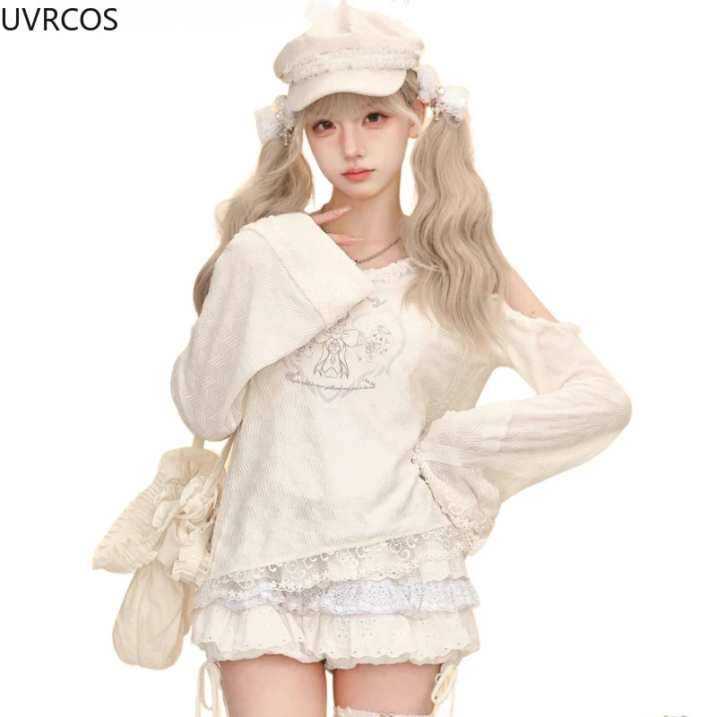 Kawaii Sweet Lolita Style Skirt Set Women Gothic Sexy Off Shoulder Hooded Top Cute Mini Cake Skirts Suits Korean Y2k 2-częściowy zestaw