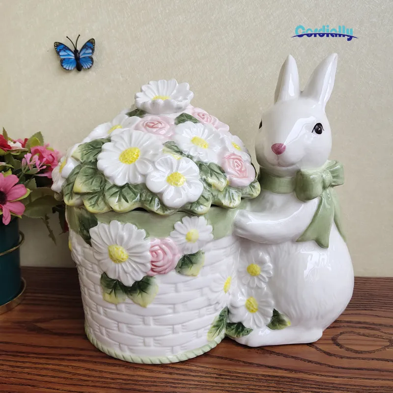 Nordic Hand-Painted Underglaze Ceramic Cute Rabbit Sealed Jar Home Decoration Birthday Gift Kitchen Storage
