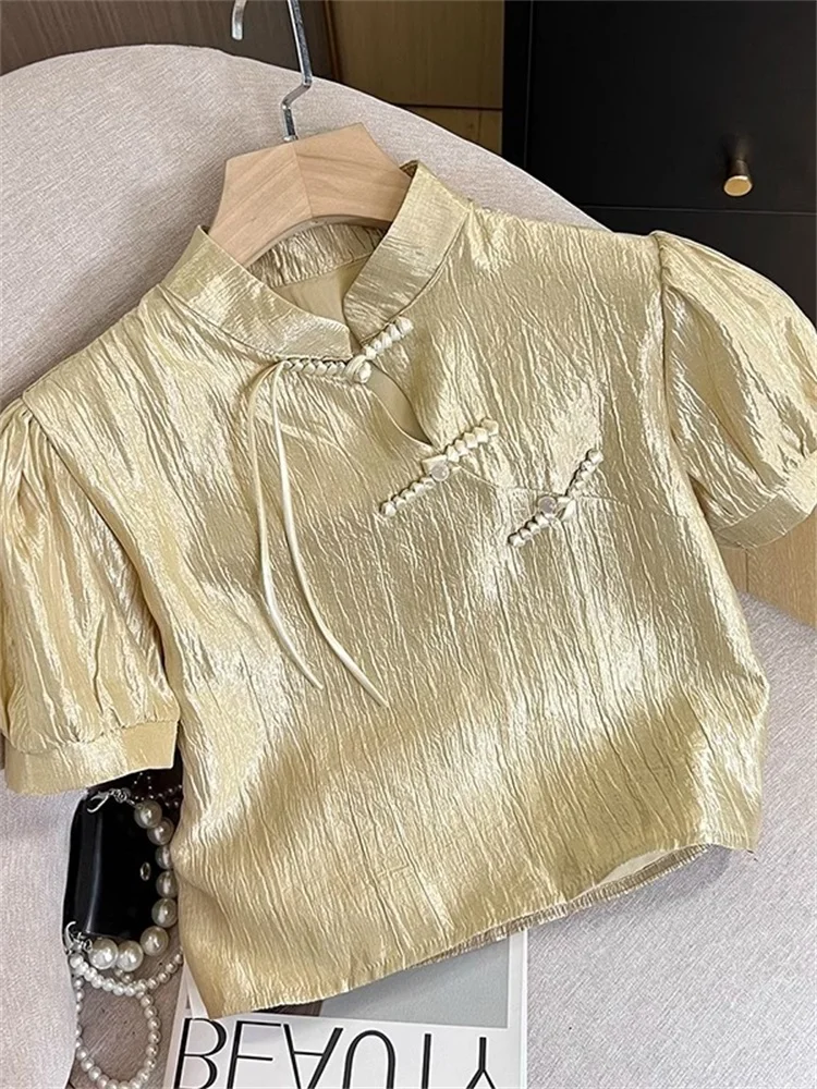 เสื้อสตรีสไตล์จีนใหม่ คอตั้ง ติดกระดุม แขนพอง ดีไซน์ฤดูร้อน