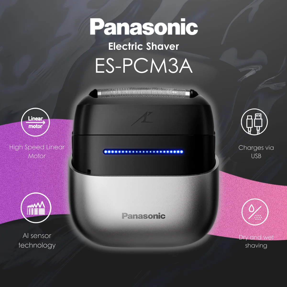 Panasonic Travel Shaver, Afeitadora eléctrica portátil con carga USB-C, sistema de corte de 3 hojas para uso húmedo o seco - ES-PCM3A