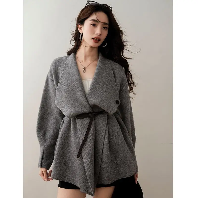 Korean Style Turn Down Collar Gray Knitted Cardigan Women Top Autumn and Winter New Waist Belted Loose Casual Sweater for Women