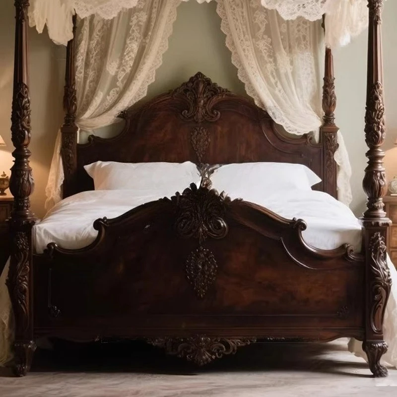 Heavy craft hand-carved solid wood bed, Roman column four-poster double bed