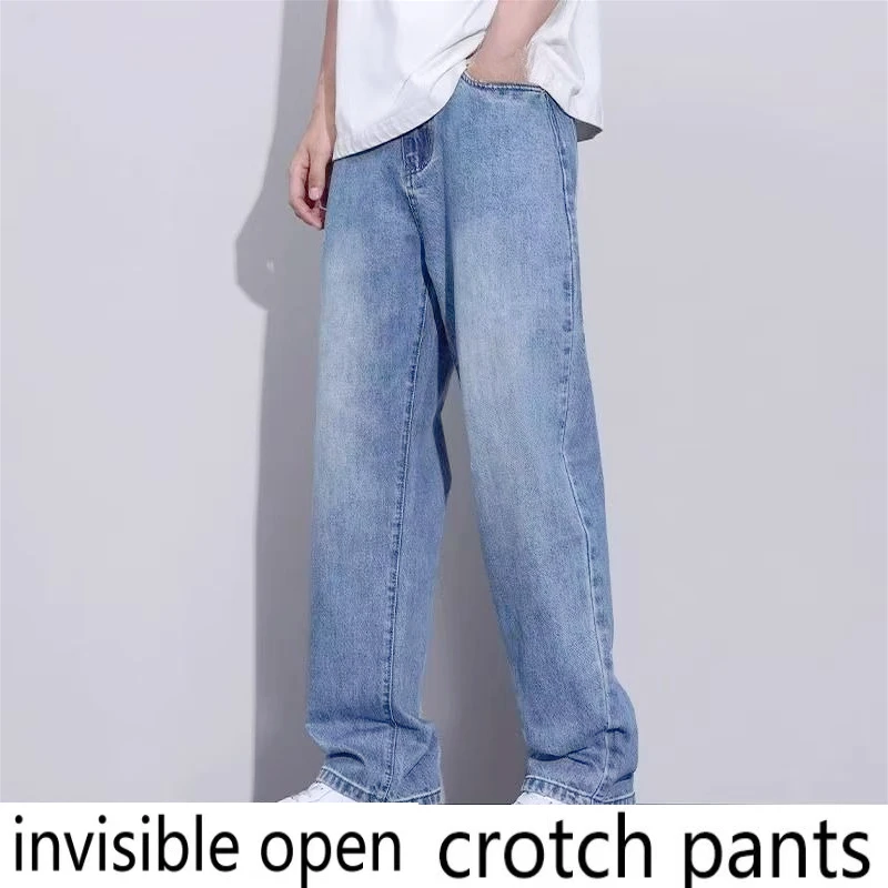 Invisible Zipper Crotch Pants New 2026 Summer Thin American Retro Belt Jeans Men's Loose Straight Casual Wide-leg Men's Trousers