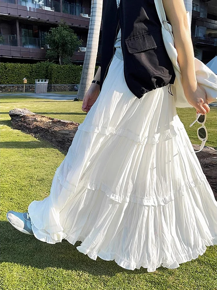 

Spring New High Waist A-Line White f Skirt Women's Mid-Length Overskirt Korean Sle Fairy T Pleated Commuter Skirt