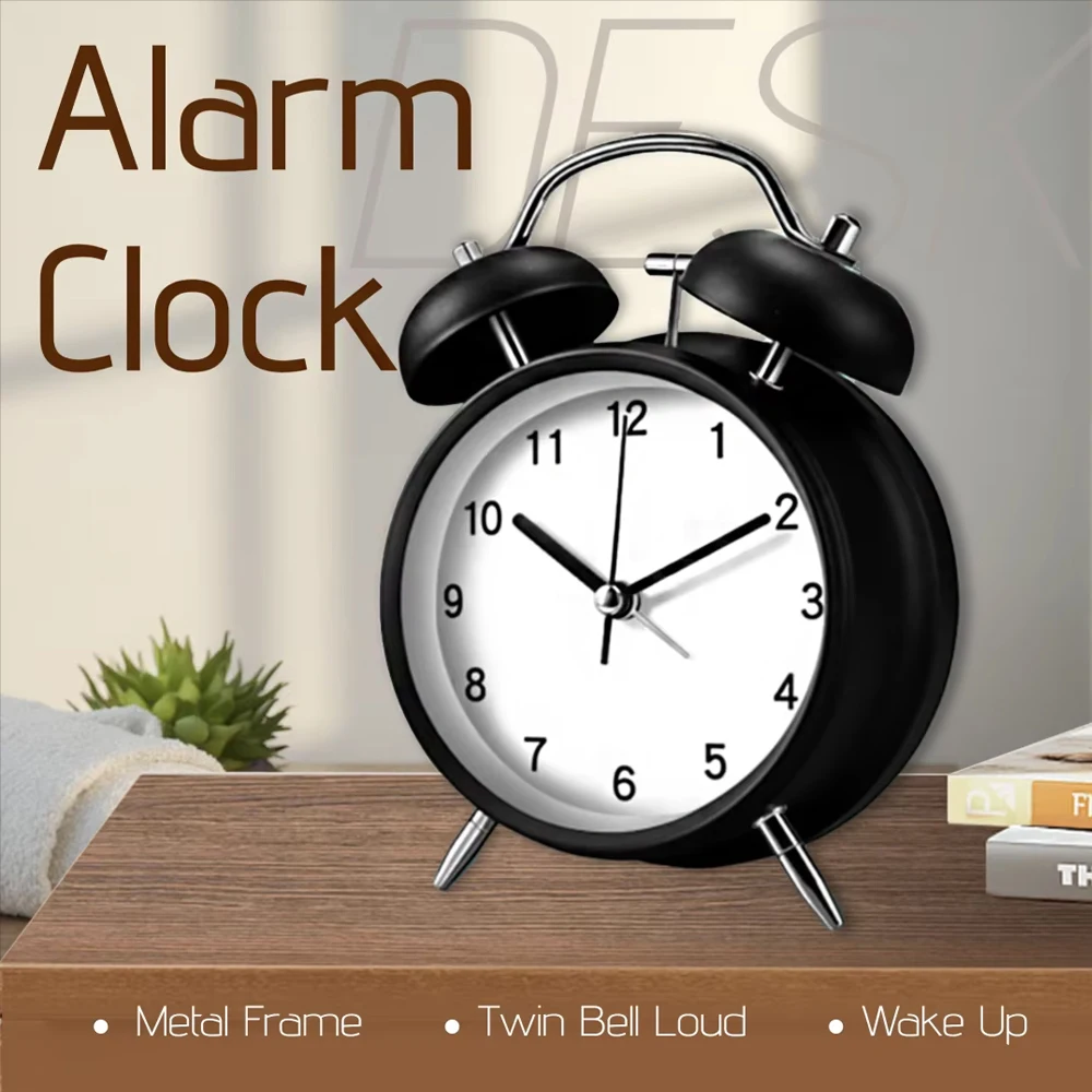 

4 Inch Twin Bell Alarm Clock Night Light Metal Frame Wake-up Tool or Children Large Volume Bedside Table Clock