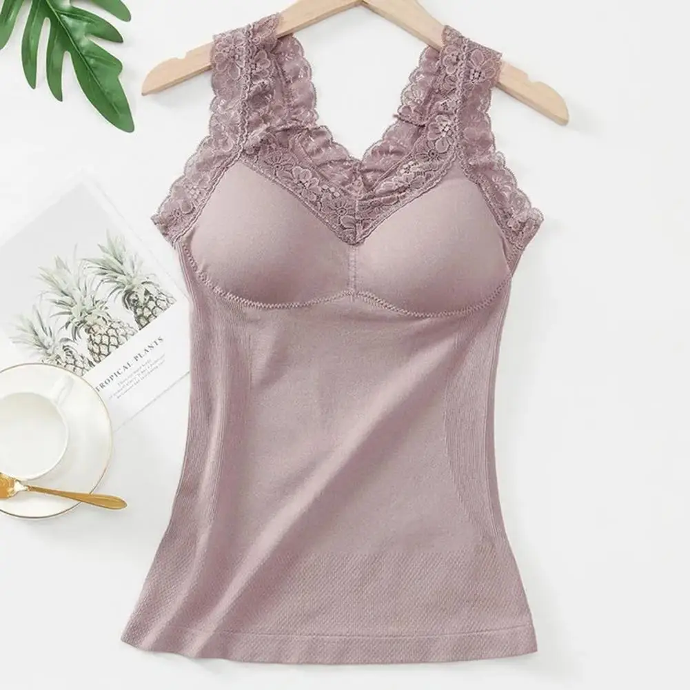 Warm Camisole Lace Camisole with Chest Pads for Women Stretchy V Neck Bottoming Vest for Summer Winter Pure Color Top for Office