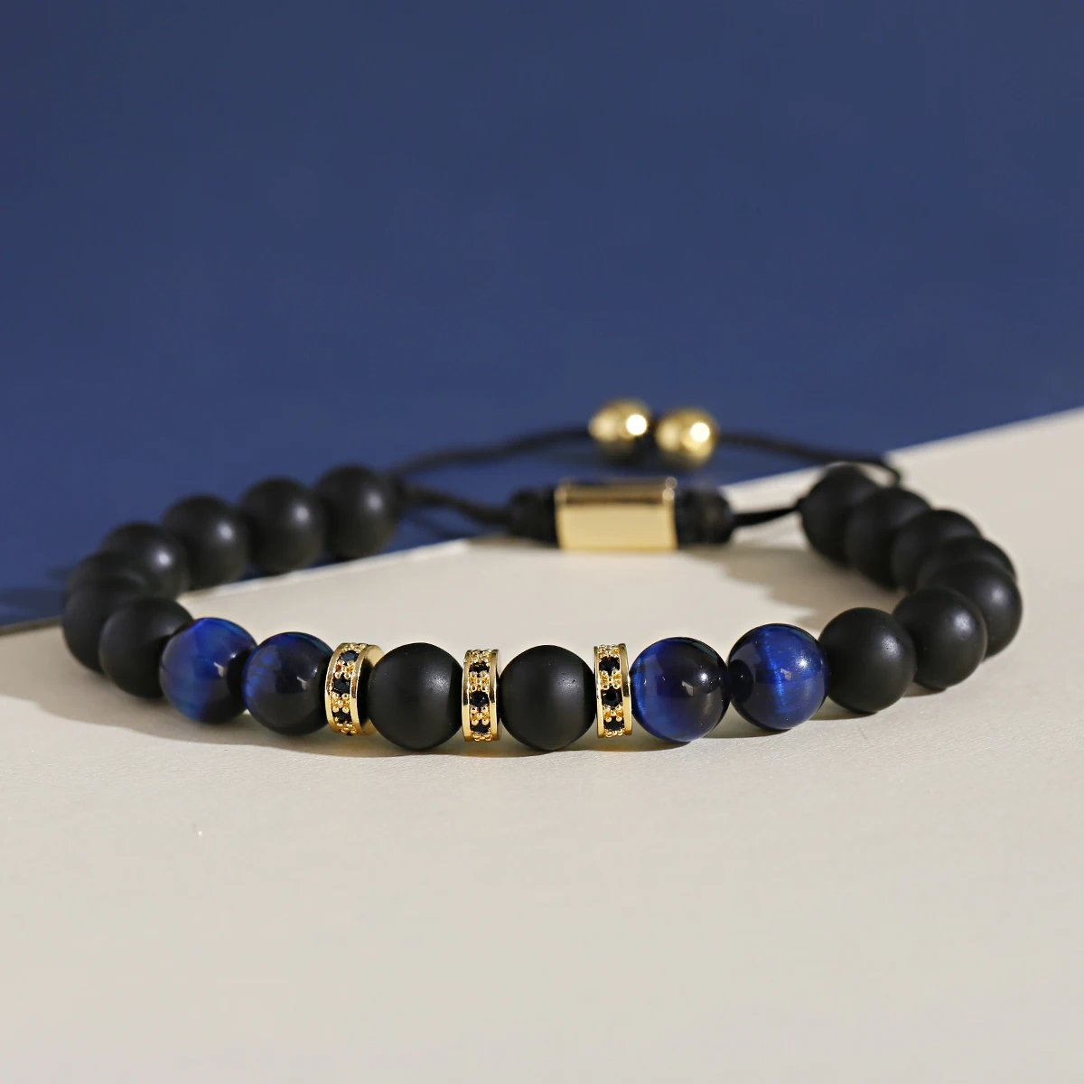 New Blue Tiger Eye&Matte Agates Beads Weaving Bracelet Homme Men CZ Spacer Beads Adjustable Bracelets Fashion Jewelry Gift