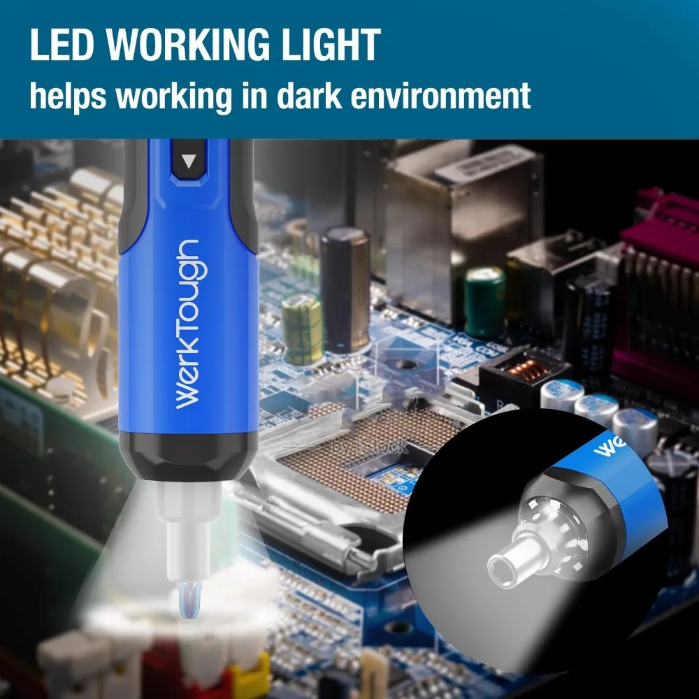 Werktough 4V Mini Electric Cordless Screwdriver with 3-Gear Torque 5Nm Power 25pc Screwdriver Bits S2 LED Light USB Charging Hom