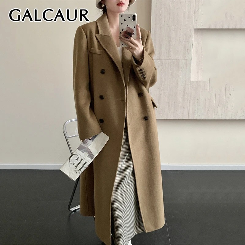 

GALCAUR Casual High Design Blazer Jackets For Women Notched Collar Long Sleeve Spliced Double Breasted Chic Wool Coat Female New