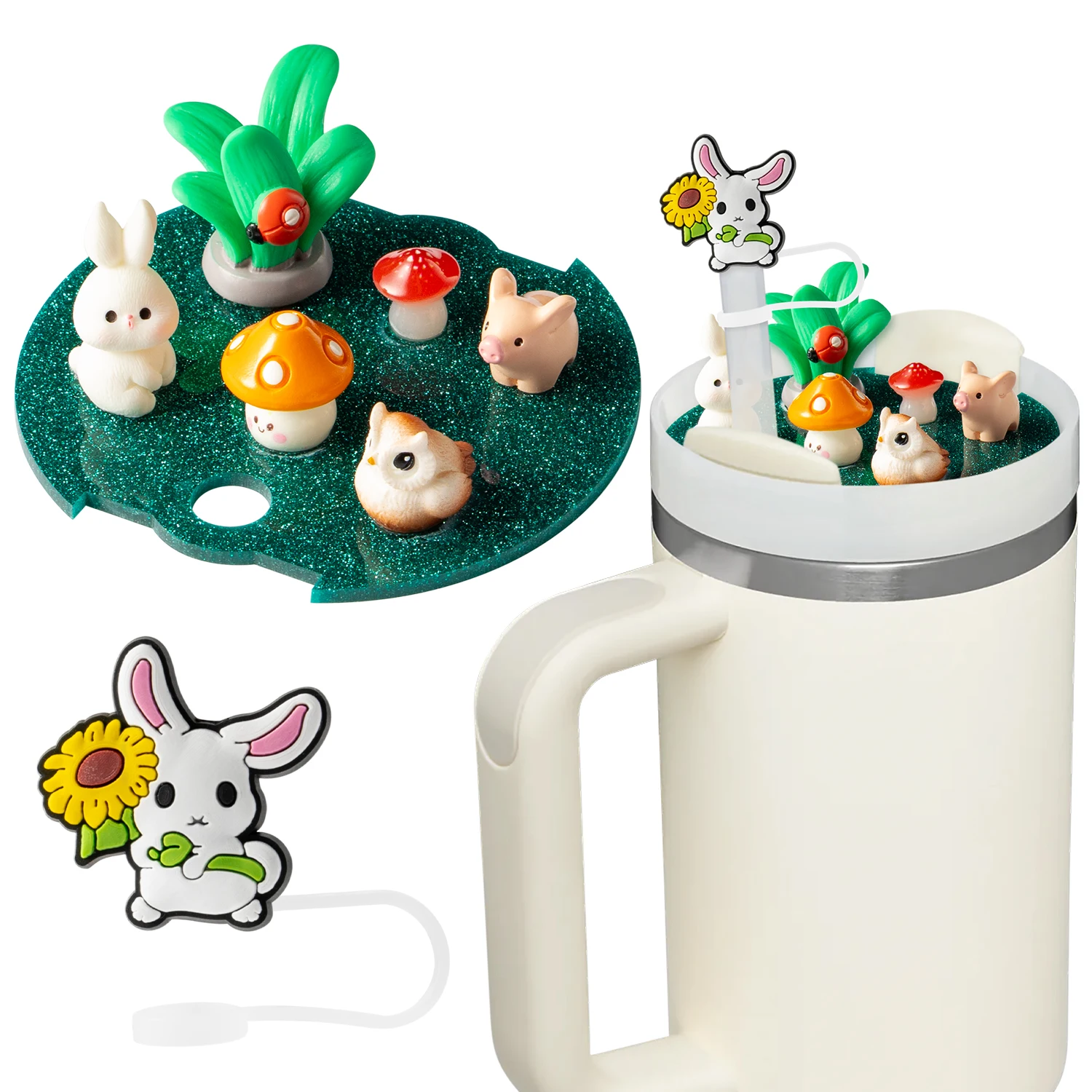 2pcs Cup Lid Rabbit Accessories Charms Fit For Stanley Cups H2.0 Accessories 30oz 40oz With Silicone Straw Cover Cap For Tumbler