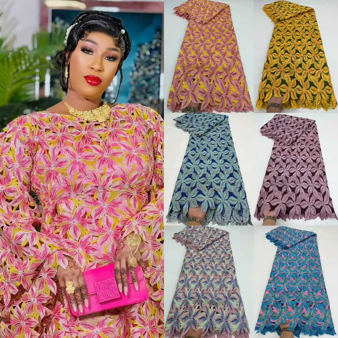 

Роскошный красочный шнур, нигерийская водорастворимая кружевная ткань с камнем 2026, высококачественная африканская гипюровая кружевная ткань