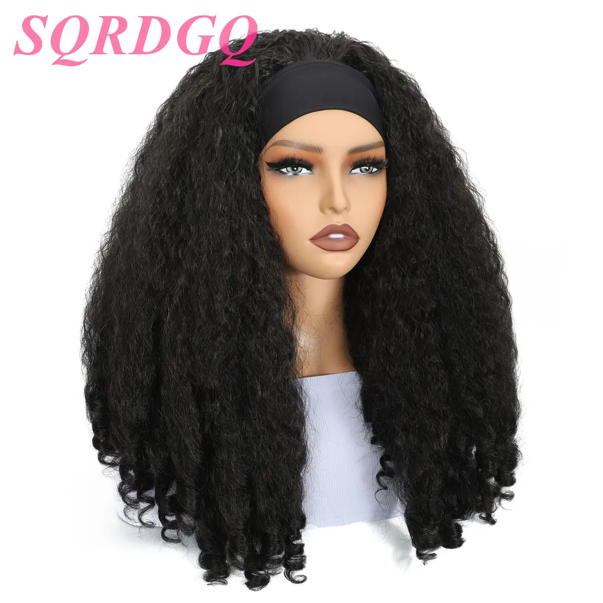 

SQRDGQ Synthetic Hair Woman Wigs Kinky Straight with Curly Ends Headband Wig Woman Ready To Wear Wigs for Woman Black Wig