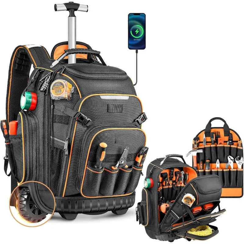 

Heavy Duty Rolling Tool Backpack with Wheels and Pull Handle for Electricians Construction Work Site