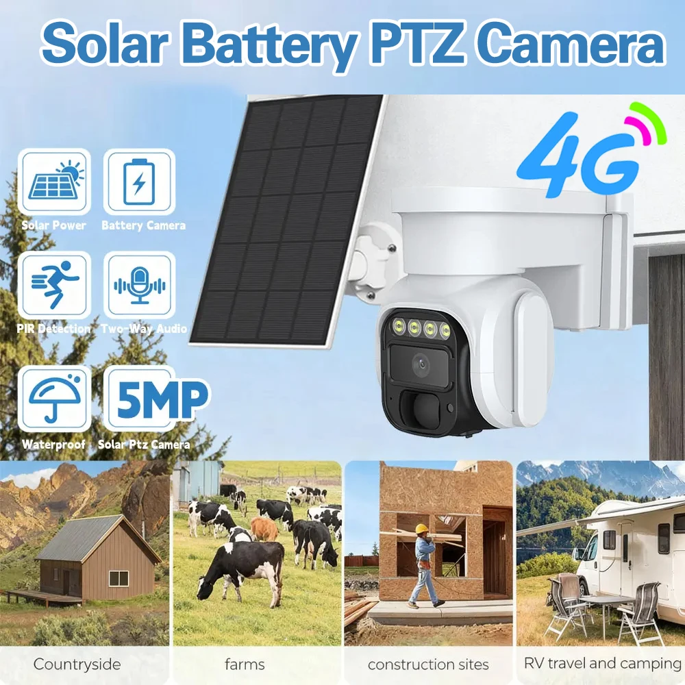 5MP Ultra HD 4G Solar Batteries Camera ICam365 IP Camera Humanoid Detection APP Alarm Push Color Night Vision Solar PTZ Camera