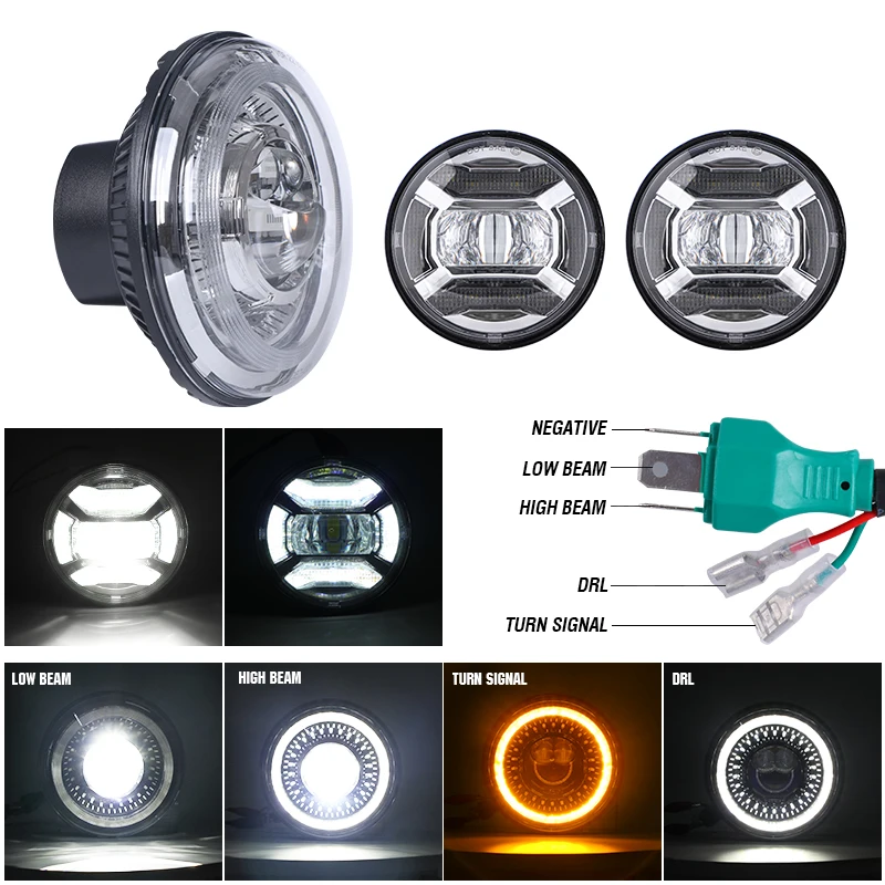 【High quality】Dragon Eye Design Led Headlight Set With Halo for Motorcycle Harley Davidsons 7 Inches Front Headlamp 4.5 Inch Fog