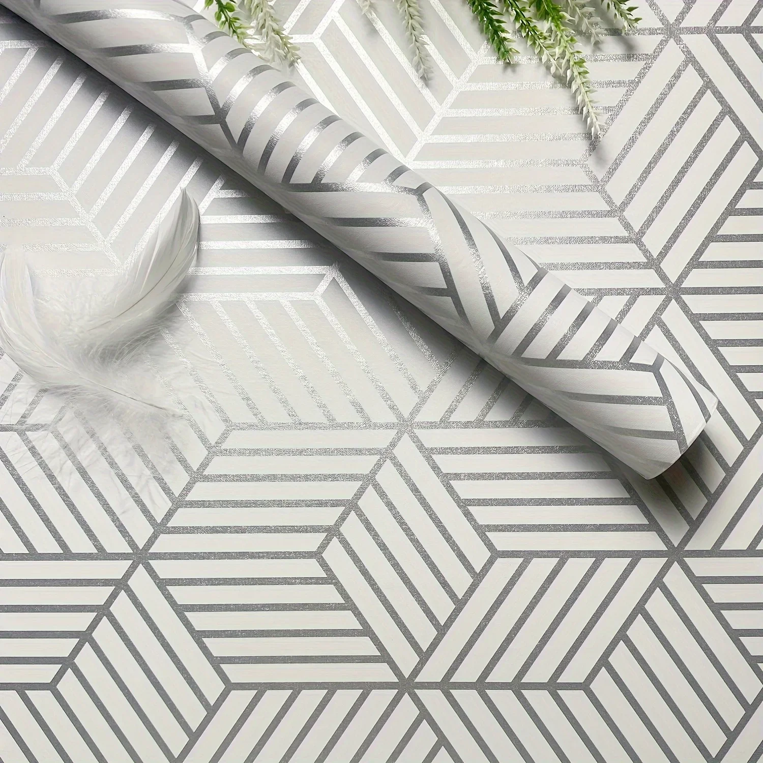 Self-adhesive Wallpaper Silver Geometric Pattern Contact Paper Waterproof and Detachable Living Room Kitchen Bedroom Wallpaper