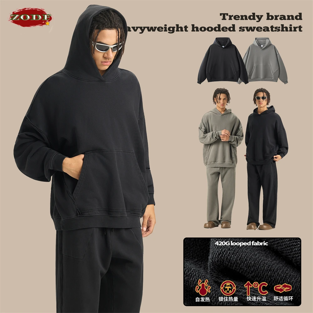 ZODF Chic Men Washed 420gsm Cotton Hoodies Winter Unisex Oversized Distressed Patchwork Hooded Pullovers Brand Coats HY0052