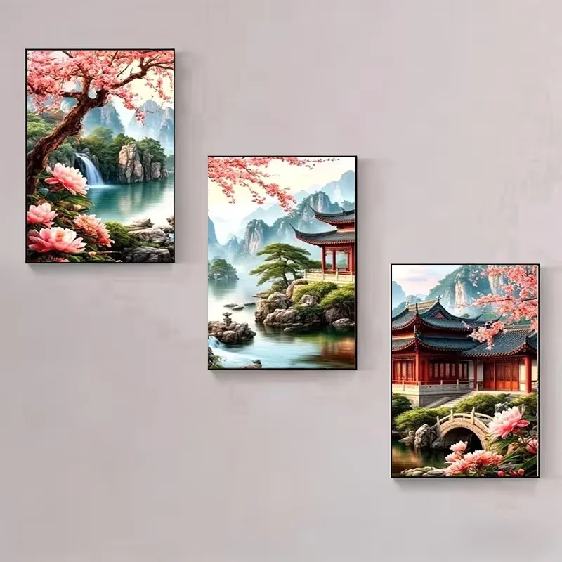 DIY 3Pcs Frameless Diamond Painting Pink Tree Pavilion Mountain Scenery Full Square Round Triptych Handmade Diamond Embroidery